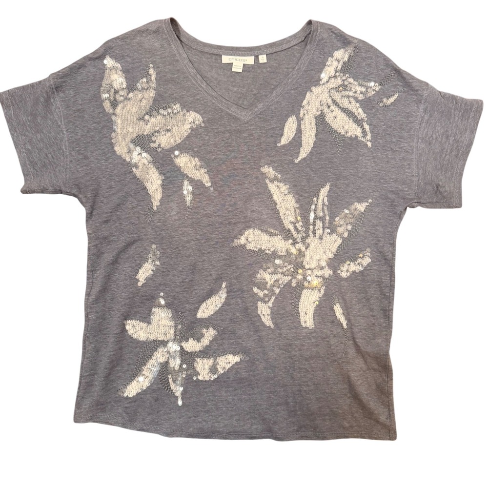 Chicos 100% Linen Knit Tee Sequin & Embroidered Embellishments 0/Sm/4 Summer Tee